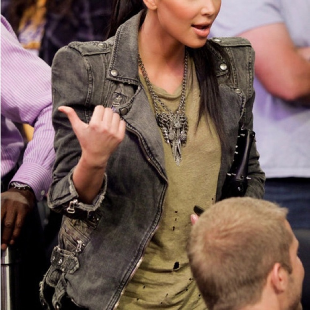 Balmain Paris moto biker denim jean jacket grey gray XS Kate Moss Kim Kardashian - Picture 4 of 12